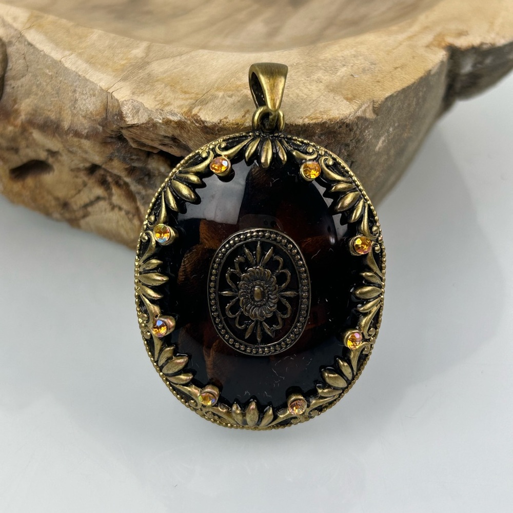 Metal, Stone & Resin Oval Pendant, Vintage